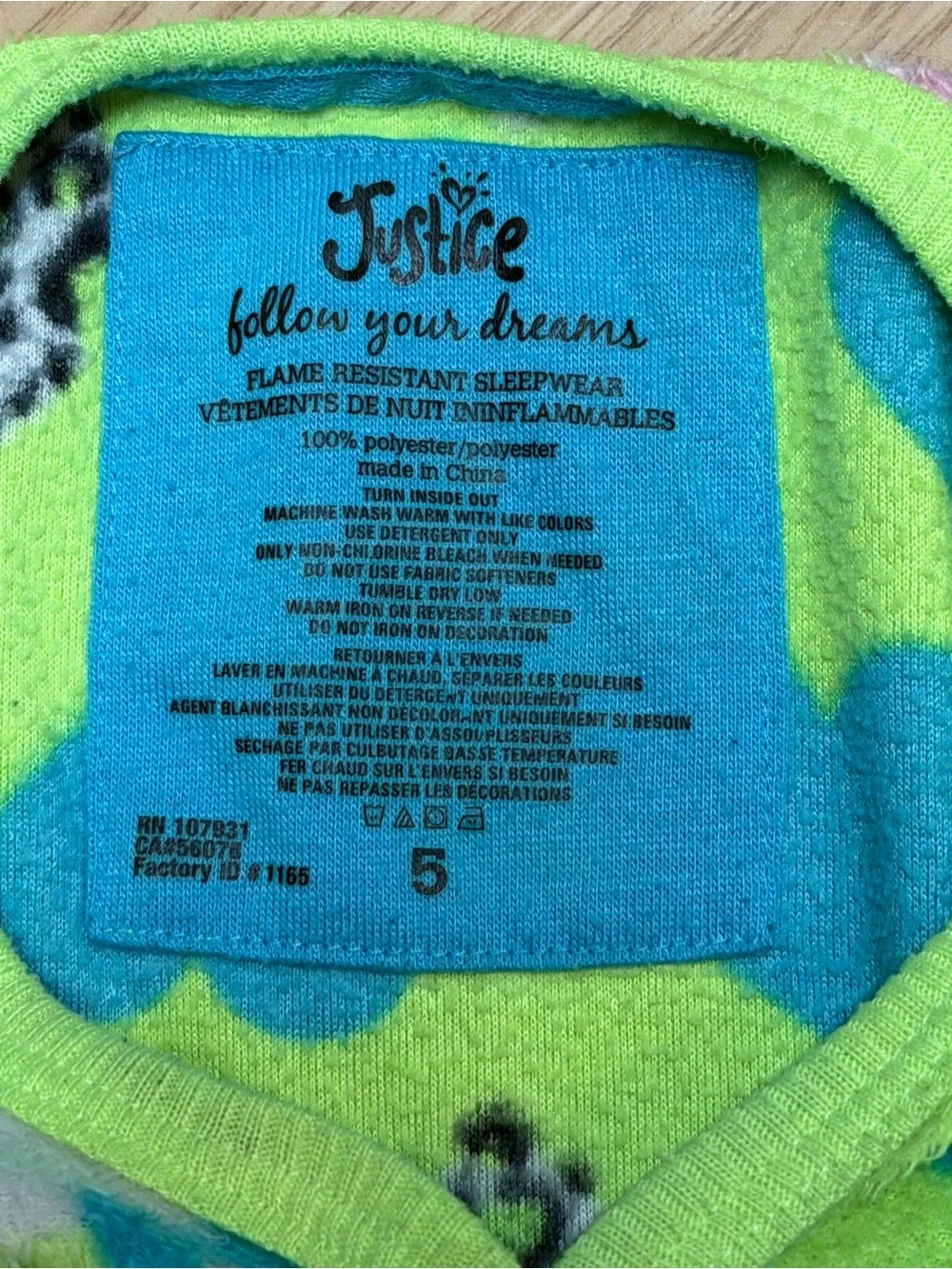 Justice Girls Size 5 Neon Green Fleece Nightgown Owl Hearts Leopard Sleepwear